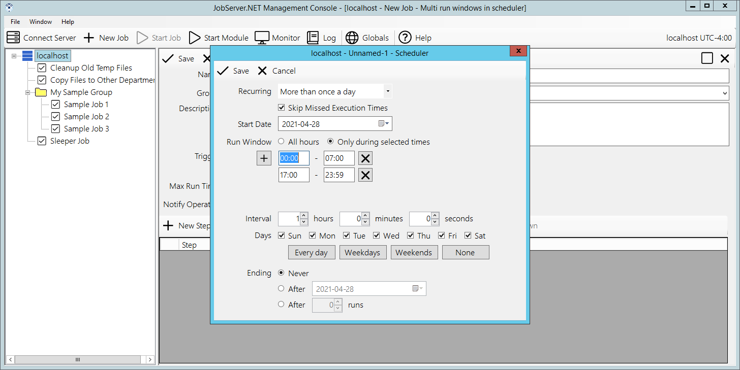 Using multiple run windows to schedule job activity